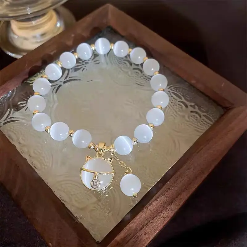 Vòng Tay Đính Cườm Opal Tinh Tế Cho Nữ, Thanh Lịch, Mặt Dây Chuyền Mèo May Mắn, Co Giãn