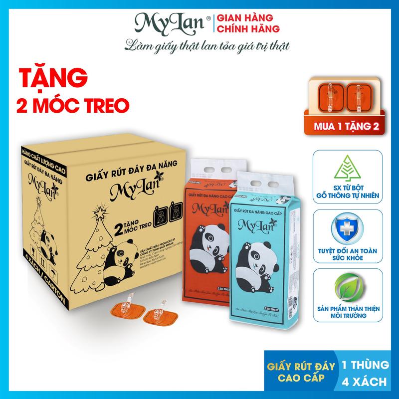 Thùng giấy rút đáy cao cấp Mylan, 4 Lốc/Thùng, 330 tờ/Lốc - Tặng 4 móc treo Giấy Ăn, Khăn Giấy Giấy Vệ Sinh