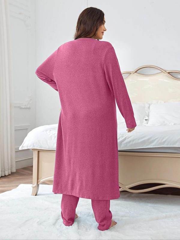 Plus Size Solid V Neck Tank Top & Elastic Waist Pants & Open Front Lounge Robe Set, Casual Comfy Sleepwear Set, Womens Clothes, Women's Sleepwear for All Seasons Valentine's Day, gift, Pajamas 1