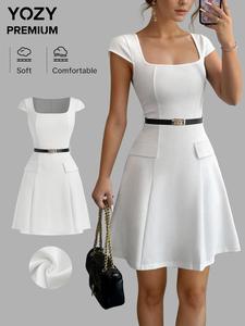 YOZY Women's Plain Belted Dress, Elegant Fashion Casual Dress for Party Dating Wear, Women Dress for Summer