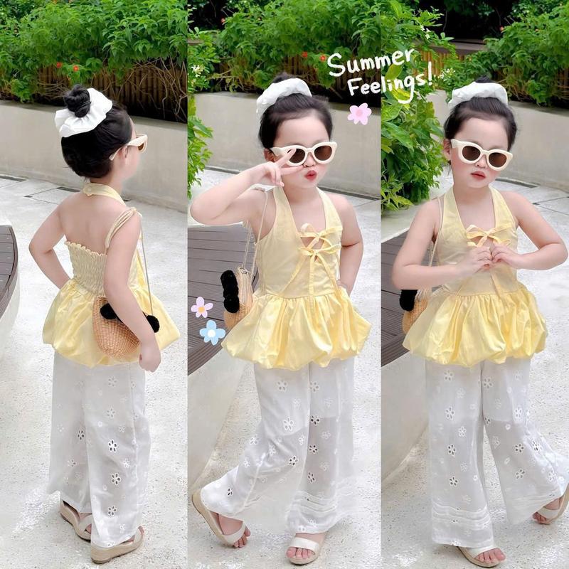 S1506 - Set áo cổ yếm màu vàng buộc dây 2 nơ trước + quần suông thêu hoa dành cho bé gái 9-30 kg