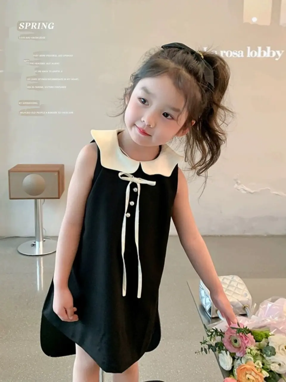 Váy bé gái dễ thương [TE07] dáng suông phối cổ bèo màu đen sát nách