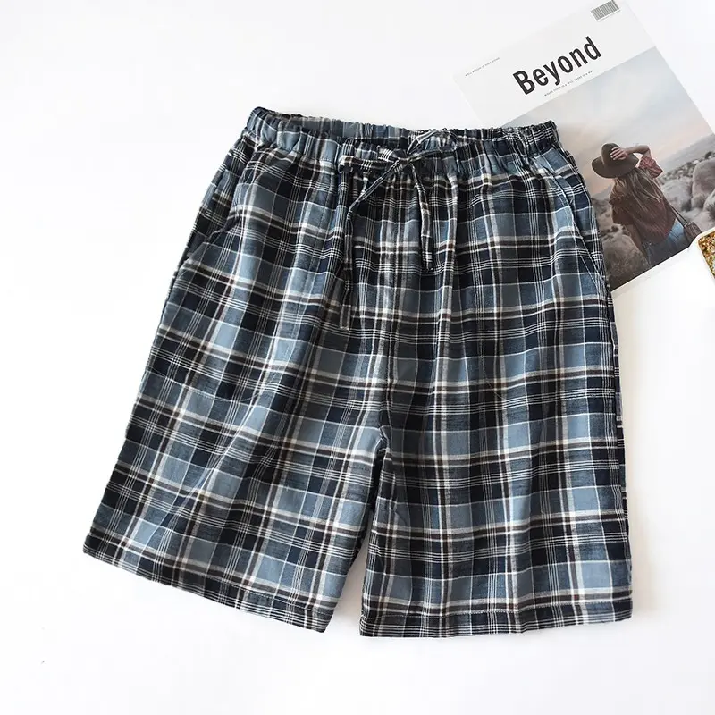 Pajama pants shorts men's summer cotton double-layer gauze cotton gauze lattice home thin Clothing Menswear