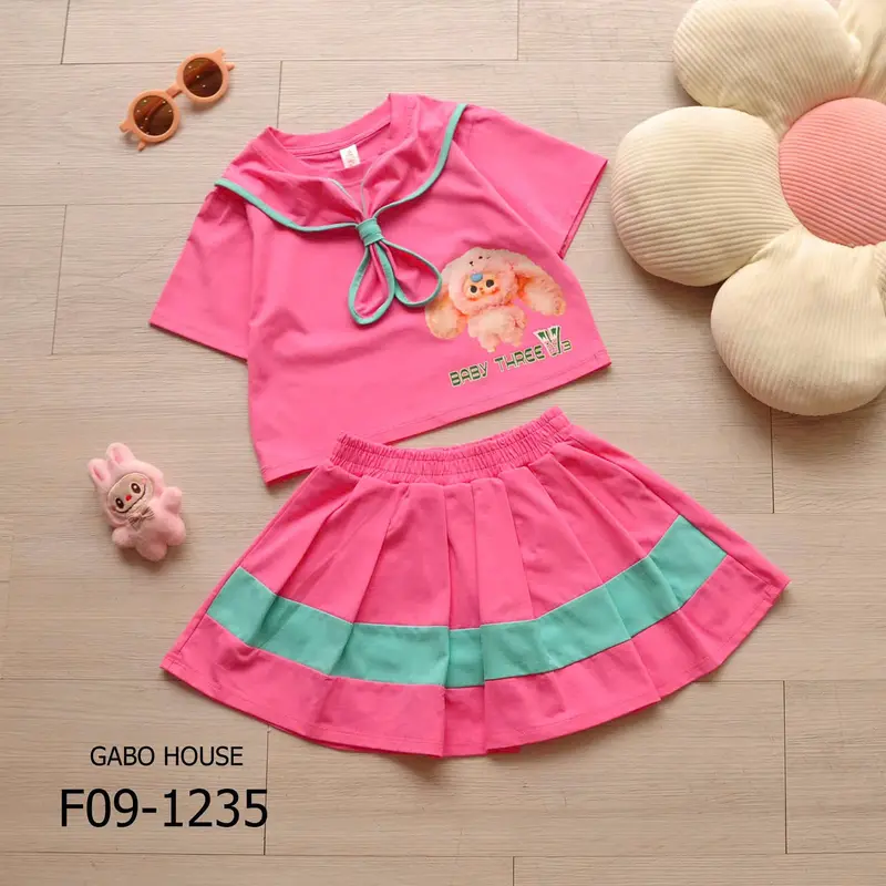 SALE KẾT THÚC MÃ - Set áo thun Vải Cotton baby three phối chân váy xếp ly siêu xinh cho bé gái F09 - GABO House 2