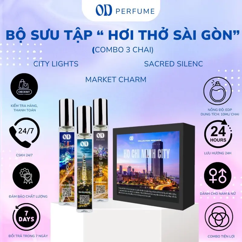 Nước hoa unisex OD Perfume - Bộ sưu tập Hơi thở Sài Gòn combo3c/10ml dạng xịt lưu hương 24h