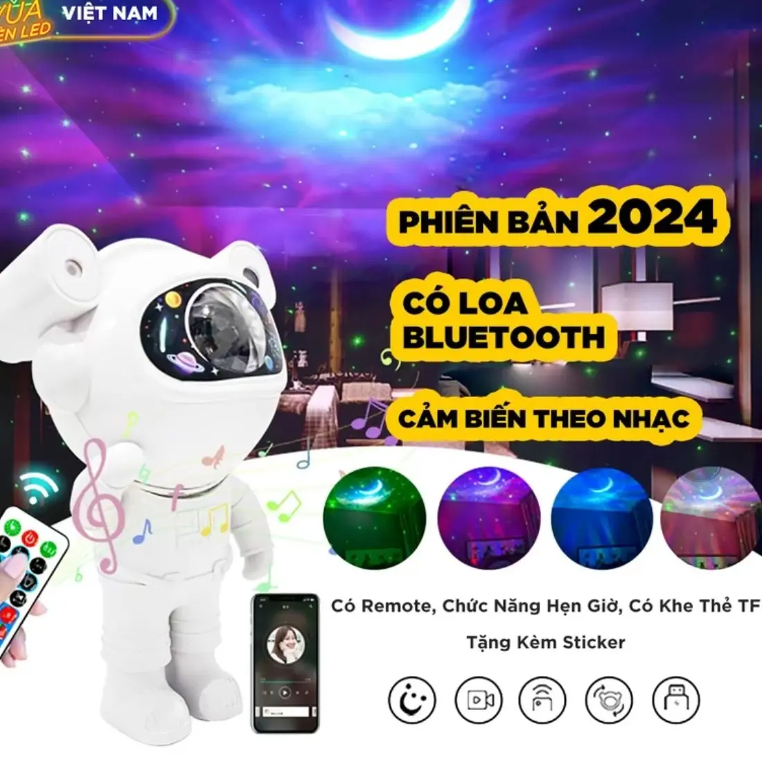 Đèn LED phi hành gia mô phỏng bầu trời đầy sao MẪU MỚI 2024 - CÓ LOA, NHÁY THEO NHẠC, CHIẾU TRĂNG SAO - CÓ SẴN - GIAO HOẢ TỐC - BH 12 THÁNG - 1 ĐỔI 1 phihanh