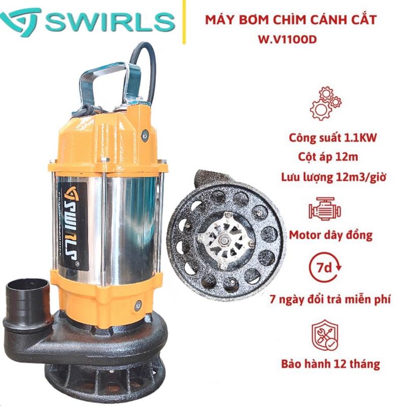  Máy bơm chìm nước thải cắt rác 1.1Kw  1.5HP  Swirls Thân inox 304 - Bảo hành 1 năm Bơm chìm hút hố bioga hút bùn loãng 