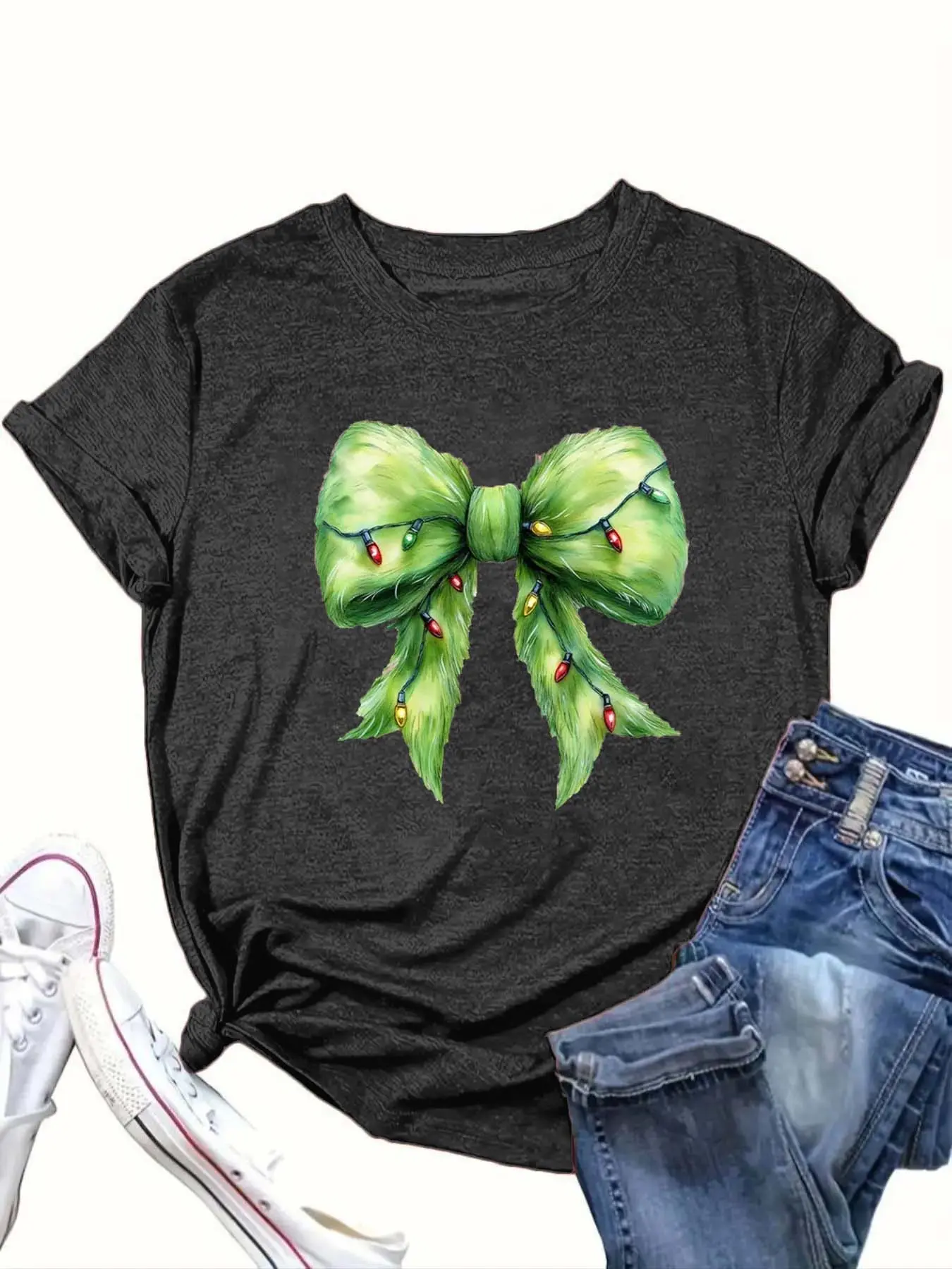 【Plus Size】 Cartoon Bow Print Round Neck Tee, Casual Short Sleeve T-shirt for Summer, Women's Clothing for Daily Wear