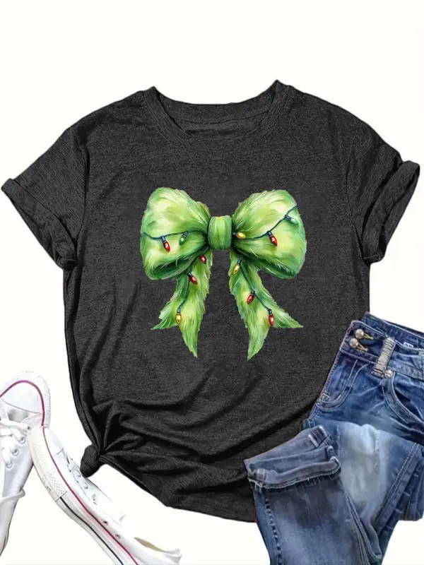 【Plus Size】 Cartoon Bow Print Round Neck Tee, Casual Short Sleeve T-shirt for Summer, Women's Clothing for Daily Wear 0