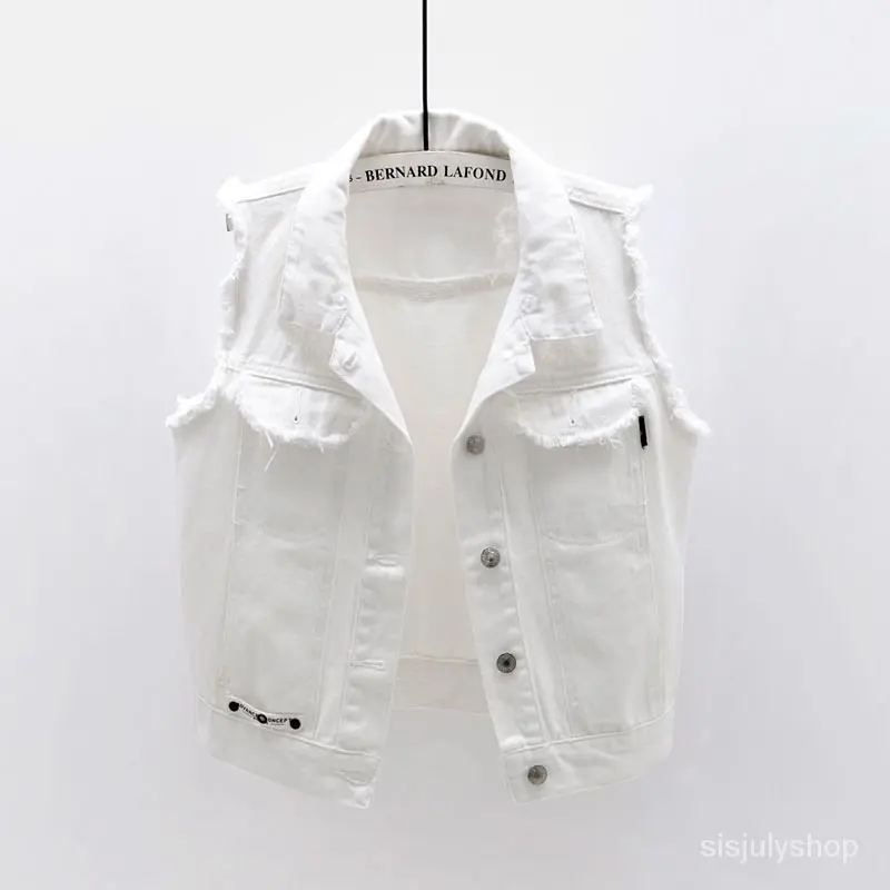 [✅BISA COD] #Sisjuly# Rompi denim wanita / rompi berkerudung siswa versi Korea baru / jaket pendek putih wanita