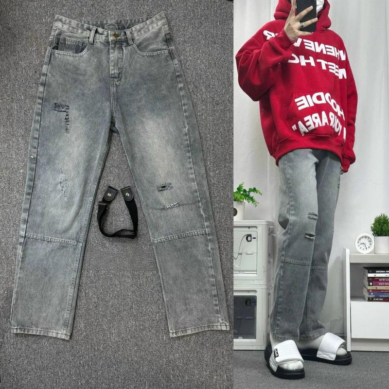 Quần Jean Nam Trơn Basic Màu Xám Ống Đứng, Quần Jean Baggy Nam Rách Gối Đơn Giản 109 - KOJ Menswear Pants 1