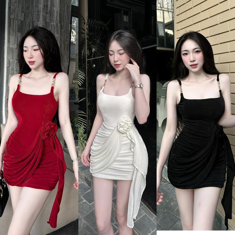 Đầm Body Nhũ 2 Dây Tag Vàng Phối Tà Hoa Eo Sang Chảnh Nữ Voan Voi Dress - Freesize Trắng - Đen-Đỏ Nhung