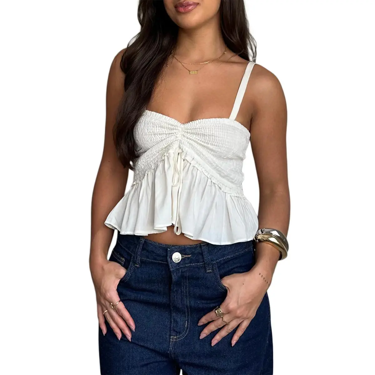 Women Spaghetti Strap Crop Tops Solid Ruched Tie-Up Sweetheart Neck Sleeveless Babydoll Shirts