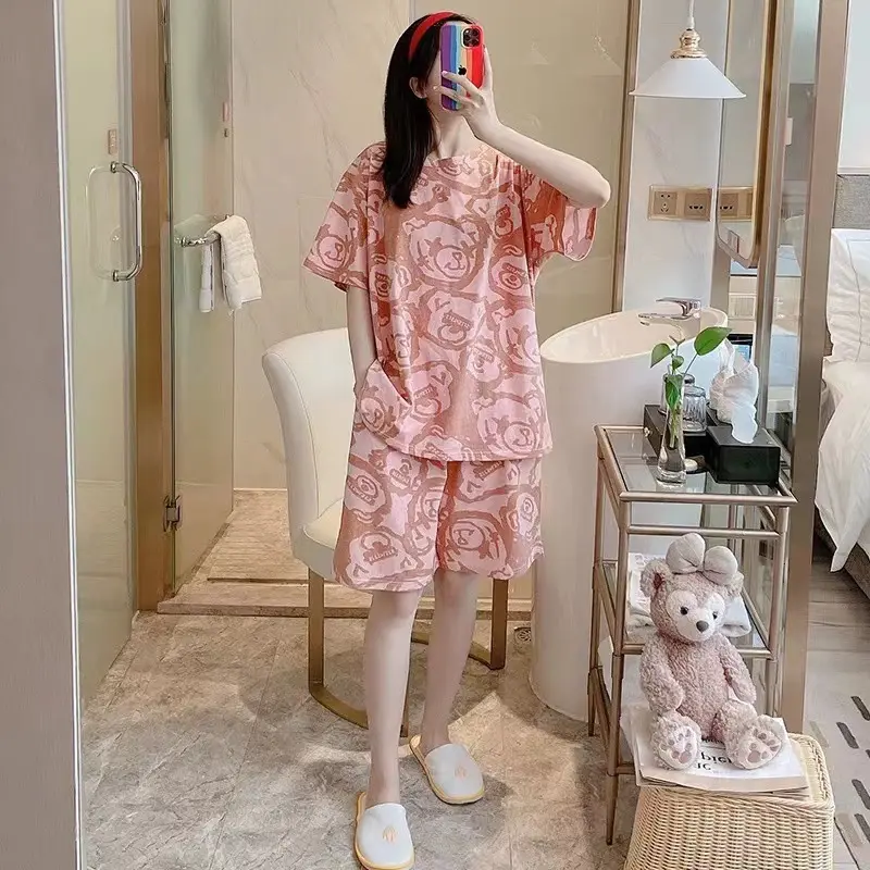 M-XXL Pajamas Women's Summer Short Sleeve plus Size Thin Cute Shorts Loose Suitable for Daily Wear Homewear Suit