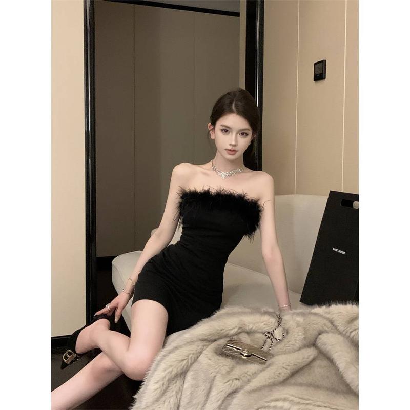 Đầm Bodycon, Phong Cách Thái Lan, Không Dây Gợi Cảm, Có Dây Đeo Lông Mịn, Thanh Lịch Và Bó Sát, Váy Ngắn Cao Cấp, Dành Cho Phụ Nữ, Người Nổi Tiếng Mới 5
