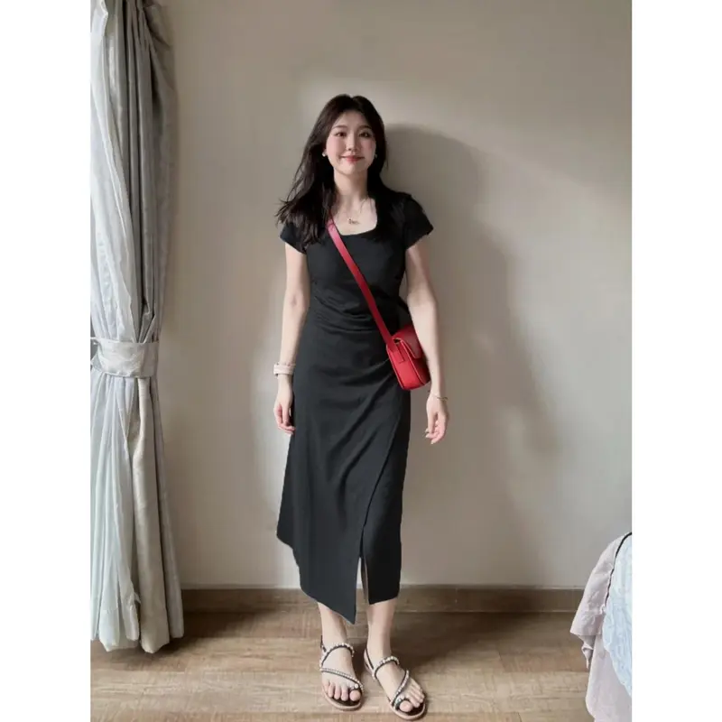Váy ngắn Tay Màu Xám, Cổ Vuông, Thiết Kế Đẹp, Dành Cho Nữ, Váy Bodycon Xích Thắt Eo Xiacnee, Váy Dài Xẻ Tà, Thanh Lịch, Thời Trang, Năm 2025 7
