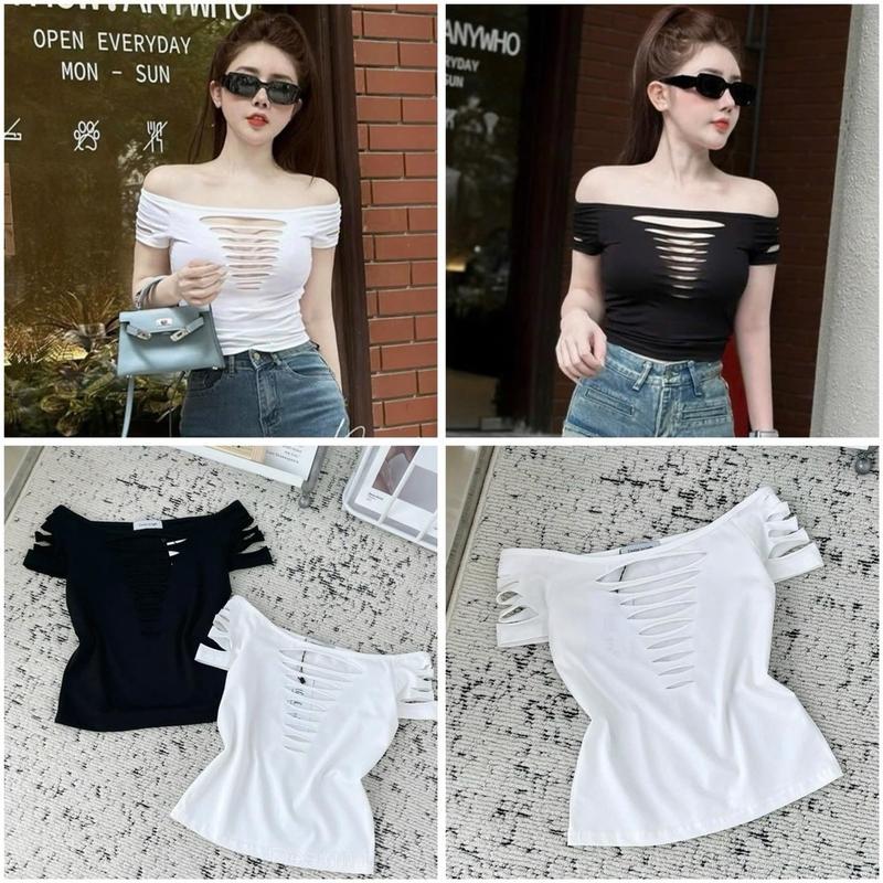 Áo nữ kiểu rách bẹt vai thun borip co giãn