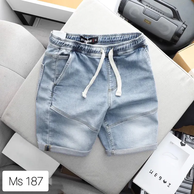Quần Short Jean nam dây rút co giãn đa chiều thoải mái phong cách để đi du lịch biển Menswear Pants Có Túi - Cotton 1