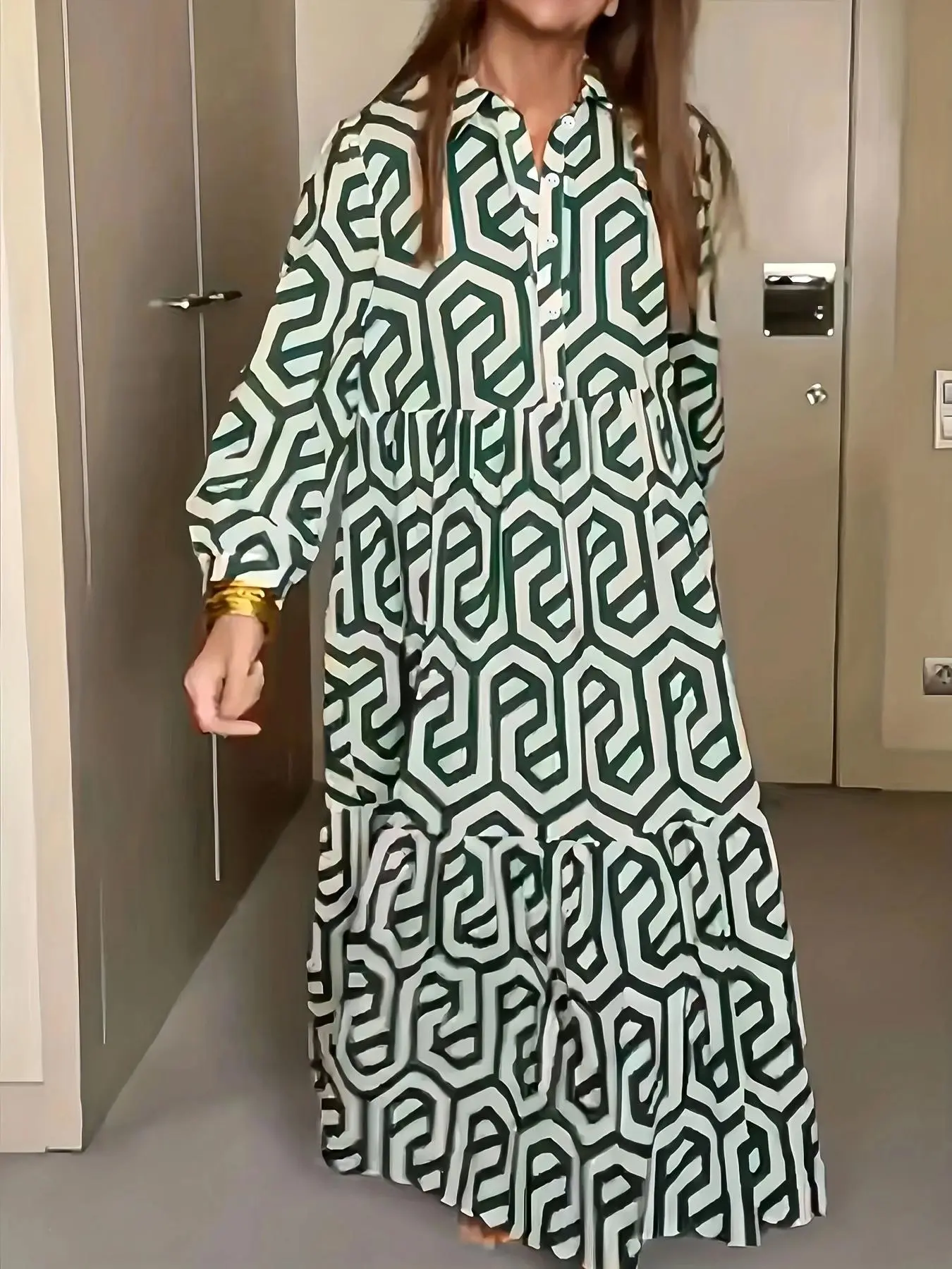Plus Geometric Button Front Ruffle Hem Bishop Sleeve Shirt Dress, Boho Fashion Long Sleeve Collared Dress for Daily Holiday Vacation Wear, Women Dress for Spring & Fall