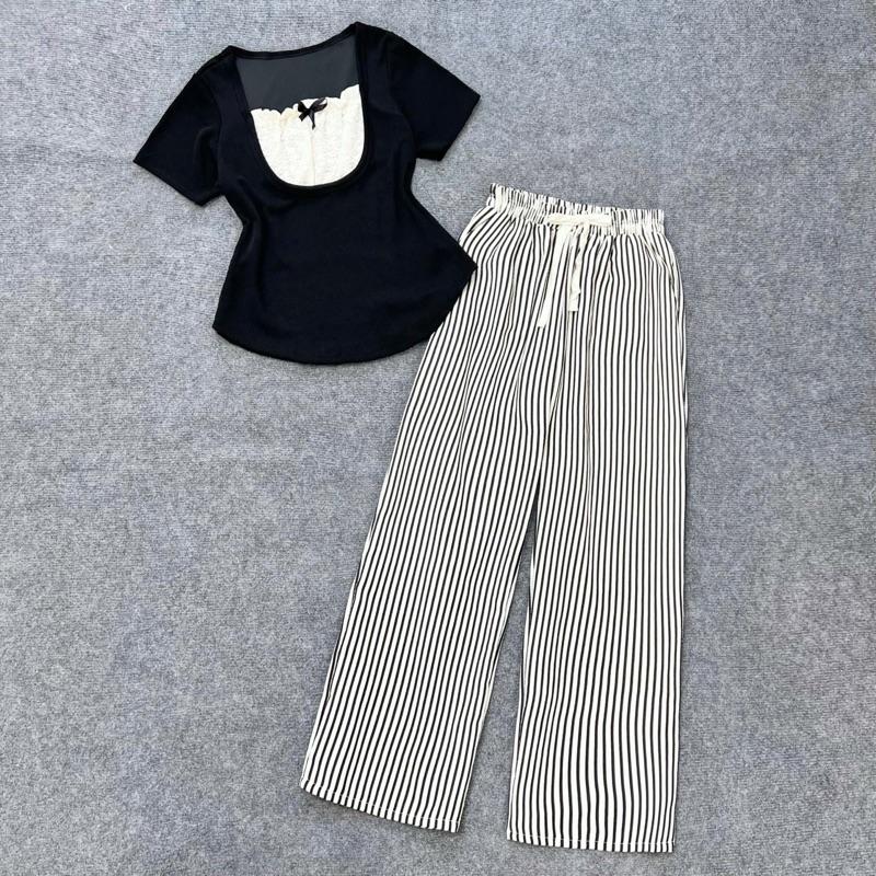 Set Áo Quần Bigsize Sang Chảnh Áo Cổ Vuông Phối Ren 2 Lớp Mix Quần Suông Lưng Cao Ống Rộng Cho Nữ Chuppy 58-95Kg