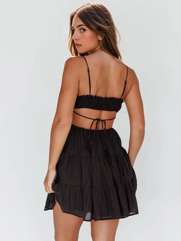 Women's Plain Frill Trim Ruched Tie Front Cami Frenchy Style Dress, Casual Backless Spaghetti Strap Short Dress, Summer Dresses for Women, Ladies Dress for Beach Holiday 3