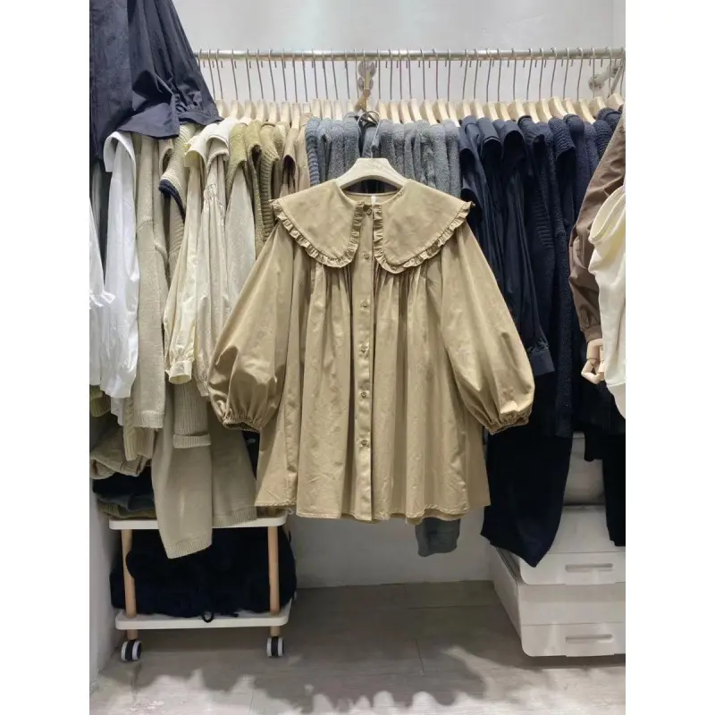 Spring and Autumn Plus Size Women's Doll Shirt V-Neck Foreign Style Fashion Loose Shirt