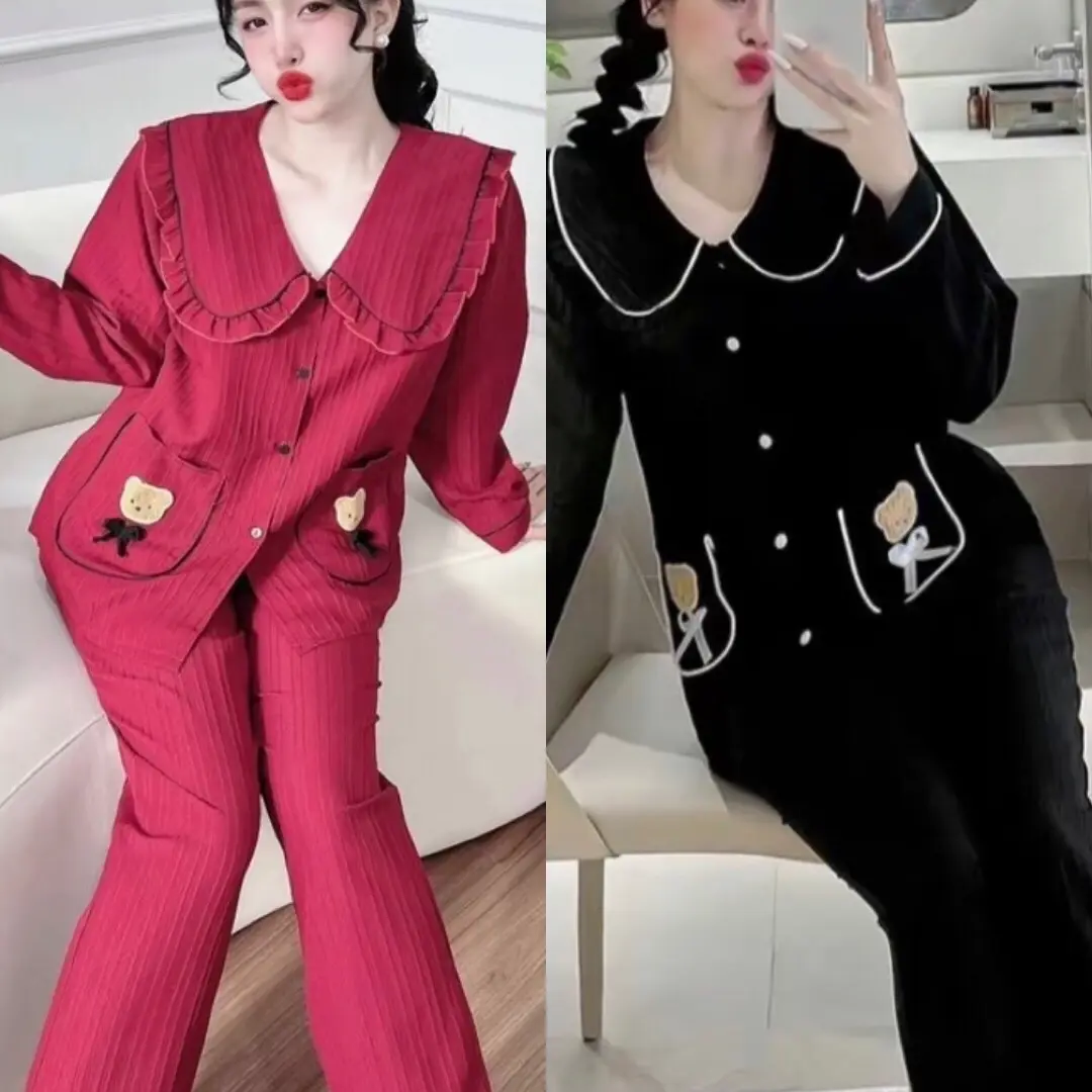 Đồ bộ mặc nhà nữ gân gấu tay dài quần dài chất đũi mềm (có 2 size) 40-60kg Women Áo Nhung