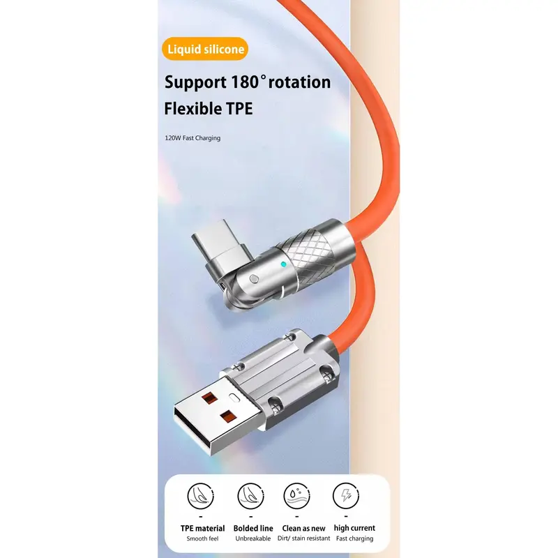 Cáp Type C, Sạc nhanh 120W 7A, Cáp Khuỷu Tay Xoay, Dành Cho Bộ Sạc Điện Thoại Xiaomi Và Samsung, Làm Bằng Silicon Lỏng, Cáp USB C 6