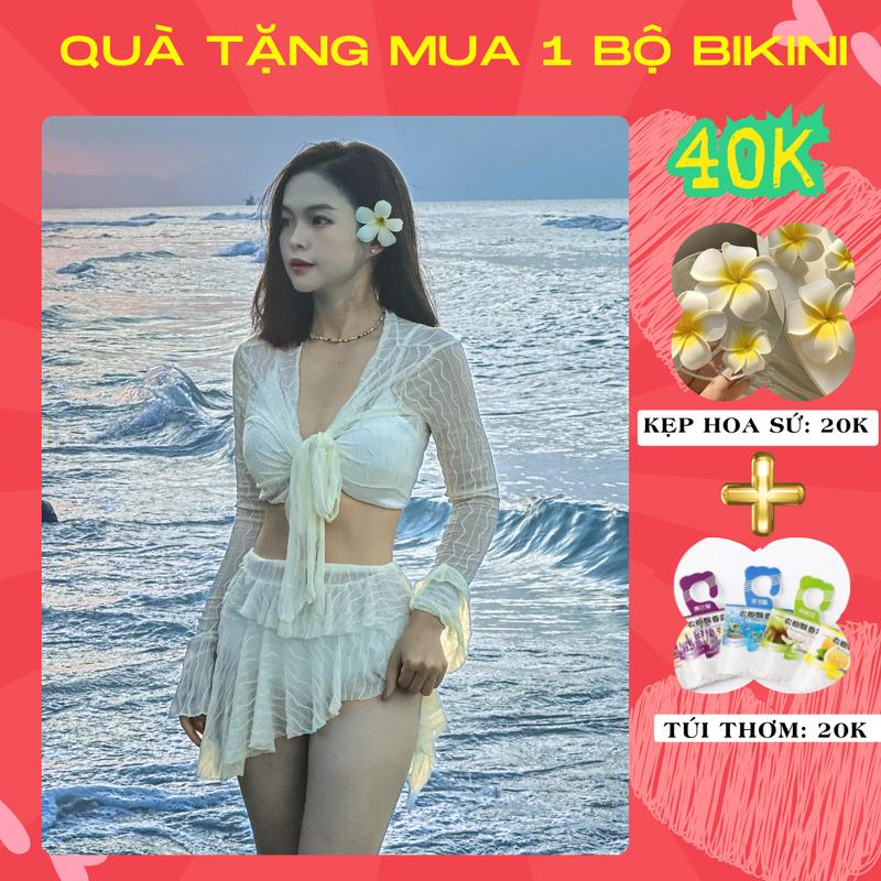 Bikini Tiểu Thư Đi Biển Set 4 Chi Tiết Đồ Bơi Nữ Đi Du Lịch Áo Voan Dài Tay Chất Tơ Mềm Mịn Chân Váy Xếp Tầng Tôn Dáng  Women Thun  Top 53272 C3