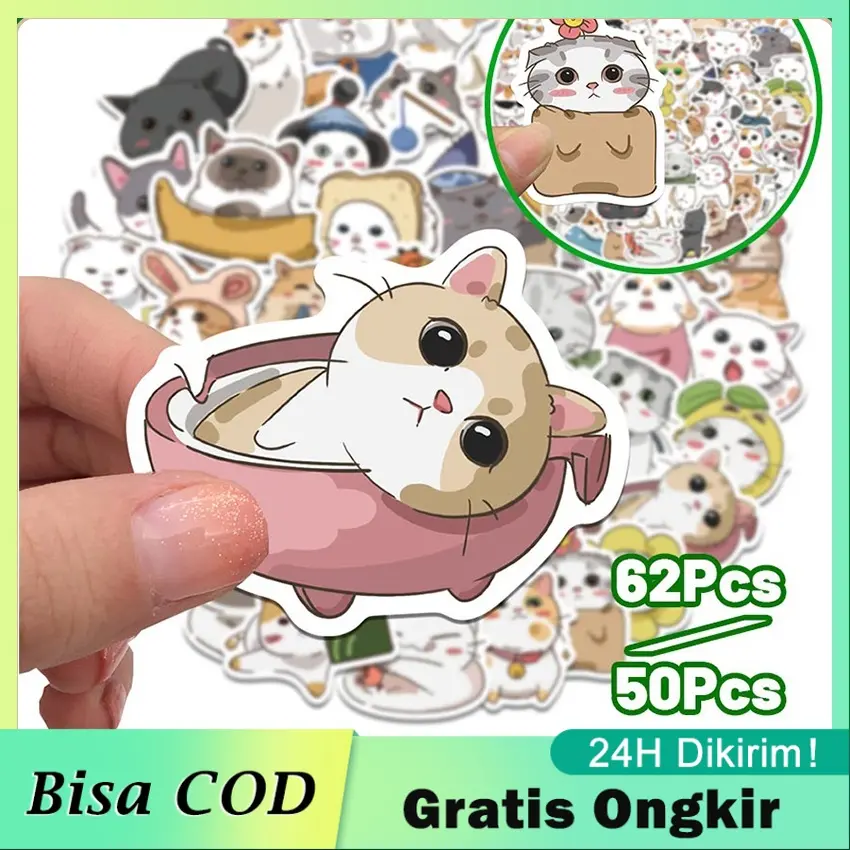 62Pcs Stiker Motif Kucing Desain Kartun Hewan Kucing Kawaii Warna ...