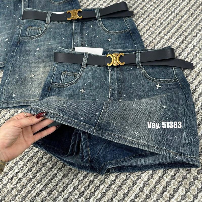6800 6501 BIGSIZE Chân váy jean nữ ngắn cạp cao , chân váy bò nữ lưng cao đính đá lấp lánh có quần trong Women Voan