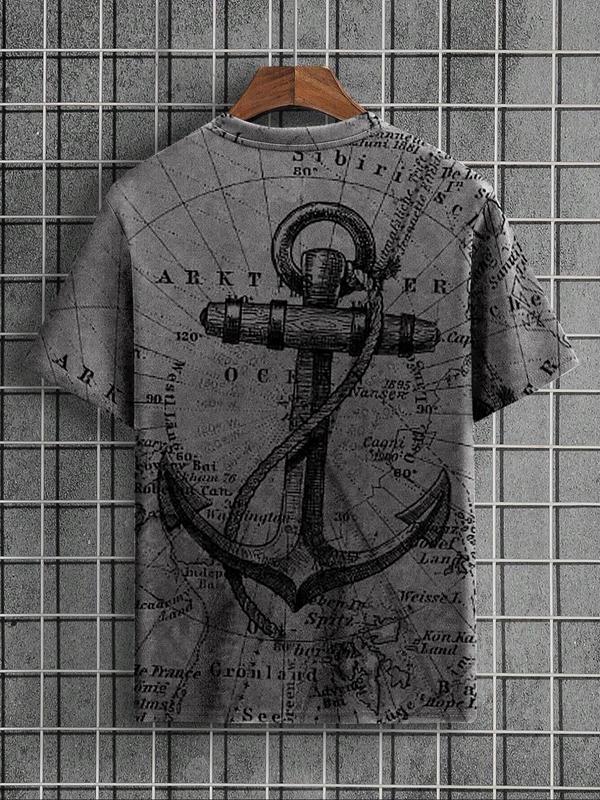 Men's Letter & Anchor Print Round Neck Tee, Summer Clothes Casual Regular Fit Short Sleeve T-Shirt for Summer, Mens Clothes for Daily Wear 8