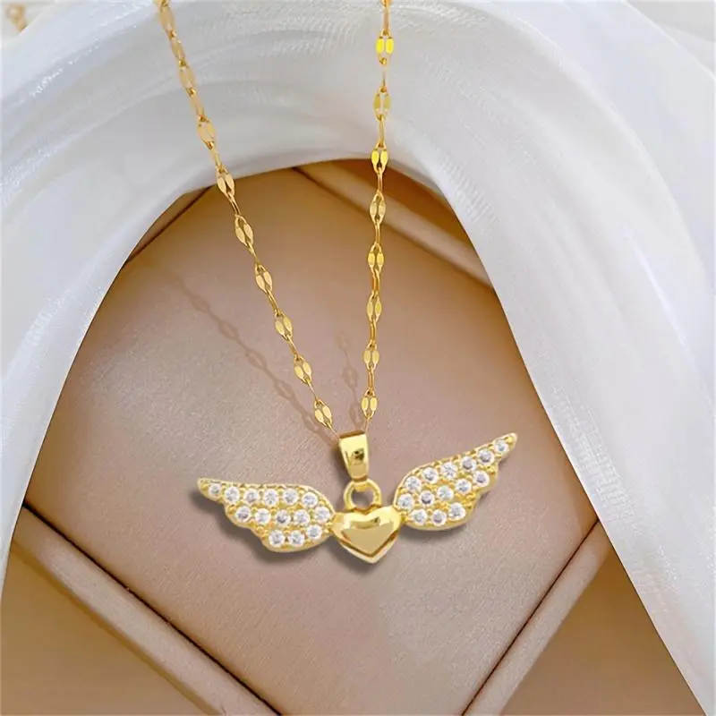 [1pc Heart Shaped Angel Wing Pendant Necklace] Fashion Necklace with Synthetic Cubic Zirconia, Copper, Stainless Steel Chain, for Women, Suitable Over 15 Years Old, Birthday Party Gift mother's day gift 0
