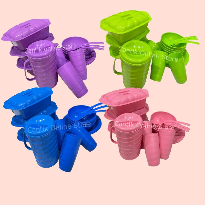 Prasmanan set isi 16 Pcs (3 Basi segi+3 Piring Makan+3 Mangkok+3 Gelas Ulir) Free Teko ulir BONUS 3 pcs Centong sayur Plastik 2