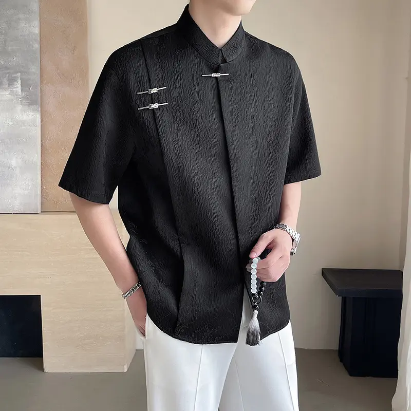 Summer New Chinese Style Buckle Jacquard Short-Sleeved Shirt Men's New Loose-Fitting Chinese Style Stand Collar Tangzhuang Shirt Menswear Top