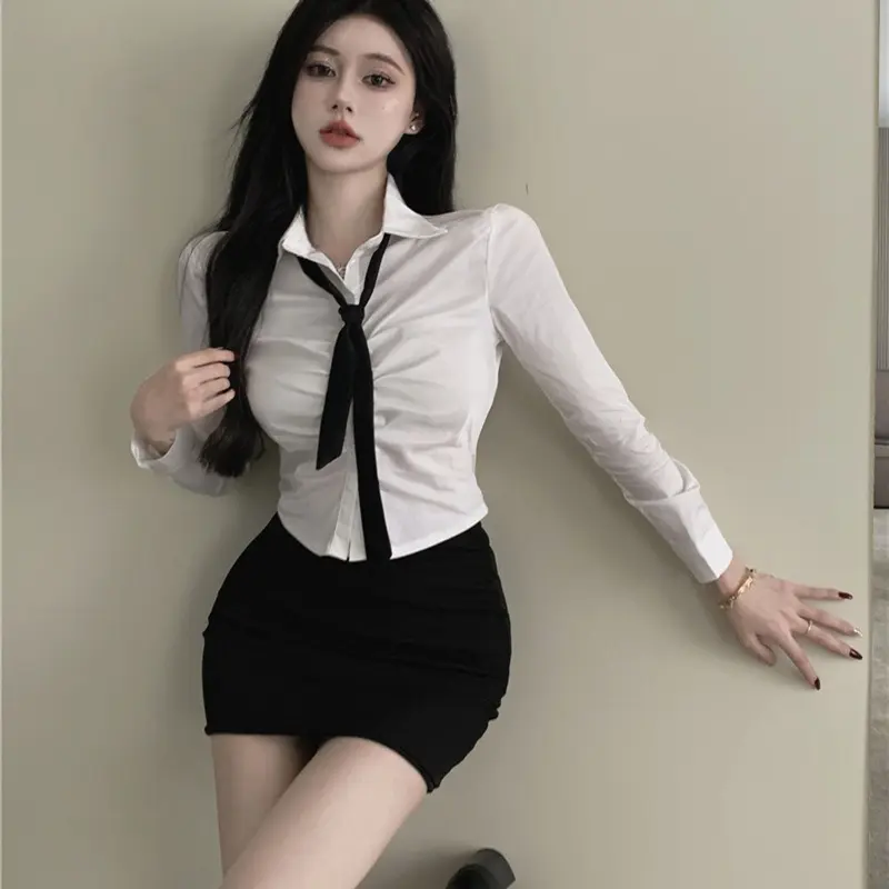 Áo Sơ Mi Dài Tay Cổ Polo Màu Trắng, Phong Cách Dễ Thương Và Gợi Cảm, Dành Cho Nữ, Bộ Sưu Tập Mùa Thu, Thiết Kế Xếp Ly Cô Gái Nóng Bỏng, Mỏng Vừa Vặn, Áo Cardigan Bó Sát Eo Ngắn