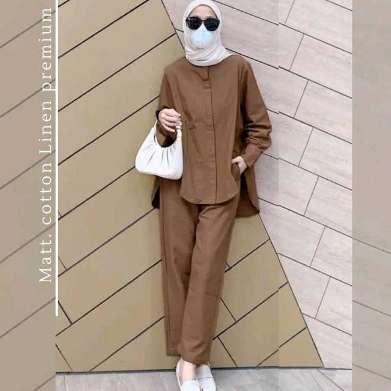 Sandara setelan/sabrina setelan/setelan linen rami/setelan polos/READY STOCK Baju Celana Kancing Muslim Wanita Kulot Dewasa Katun Panjang 1