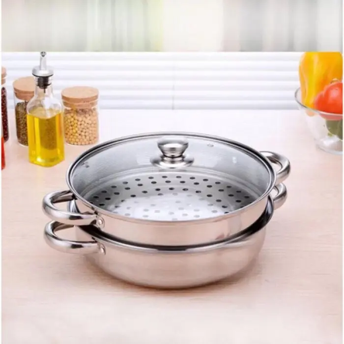 Nồi hấp 2 tầng inox, nồi hấp xôi, bánh bao  28cm nắp kính 3