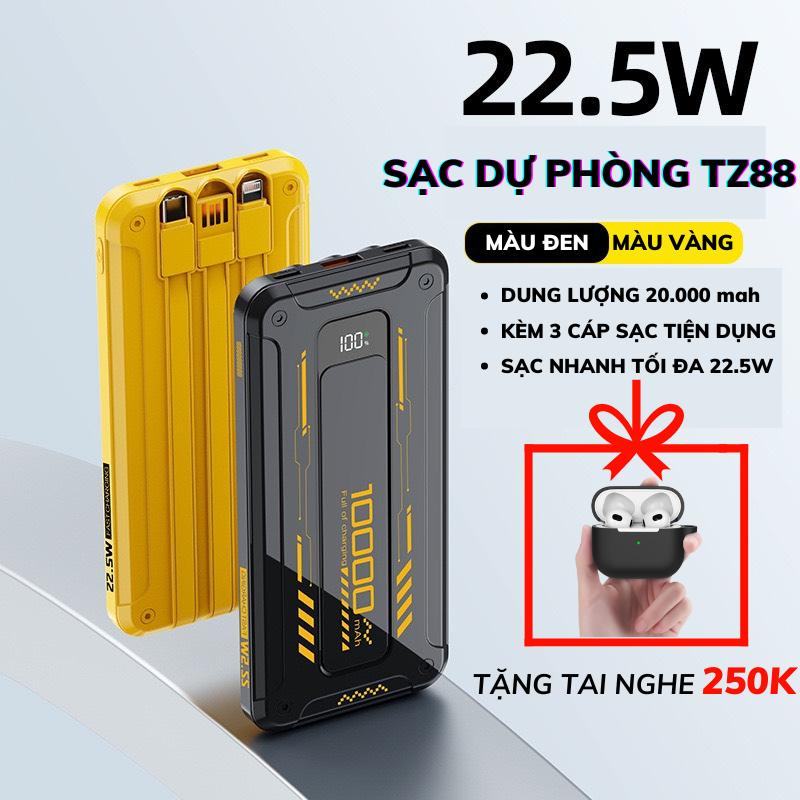 (TẶNG TAI NGHE AP3) Sạc Dự Phòng TZ88 20000mah, Tích Hợp 2 Dây Sạc, Sạc Siêu Nhanh, Pin Lithium, Bảo Hành 12 Tháng Pin Dự Phòng Type C Titan