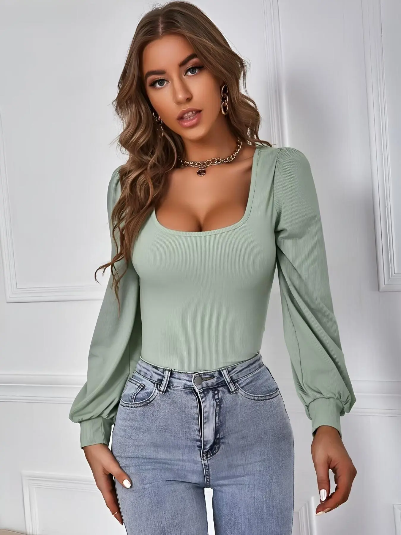 Women's Plain Puff Sleeve Square Neck Ribbed Tee, Casual Long Sleeve T-shirt for Fall & Winter, Women's Clothing for Daily Wear