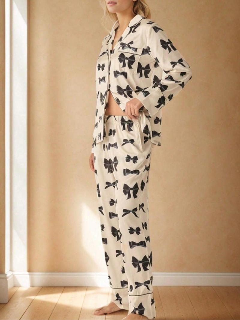 Product Introduction of Women's All Over Bow Print Long Sleeve Pajama Two-piece Set, Casual Comfy Lapel  Neck Pajama Set for Women, Women's Sleepwear for Spring & Fall 4