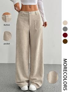 Women's Solid Pocket Wide Leg Pants, Casual Comfy  Pocket Design  Trousers for Spring & Fall, Women's Bottoms for Daily Wear