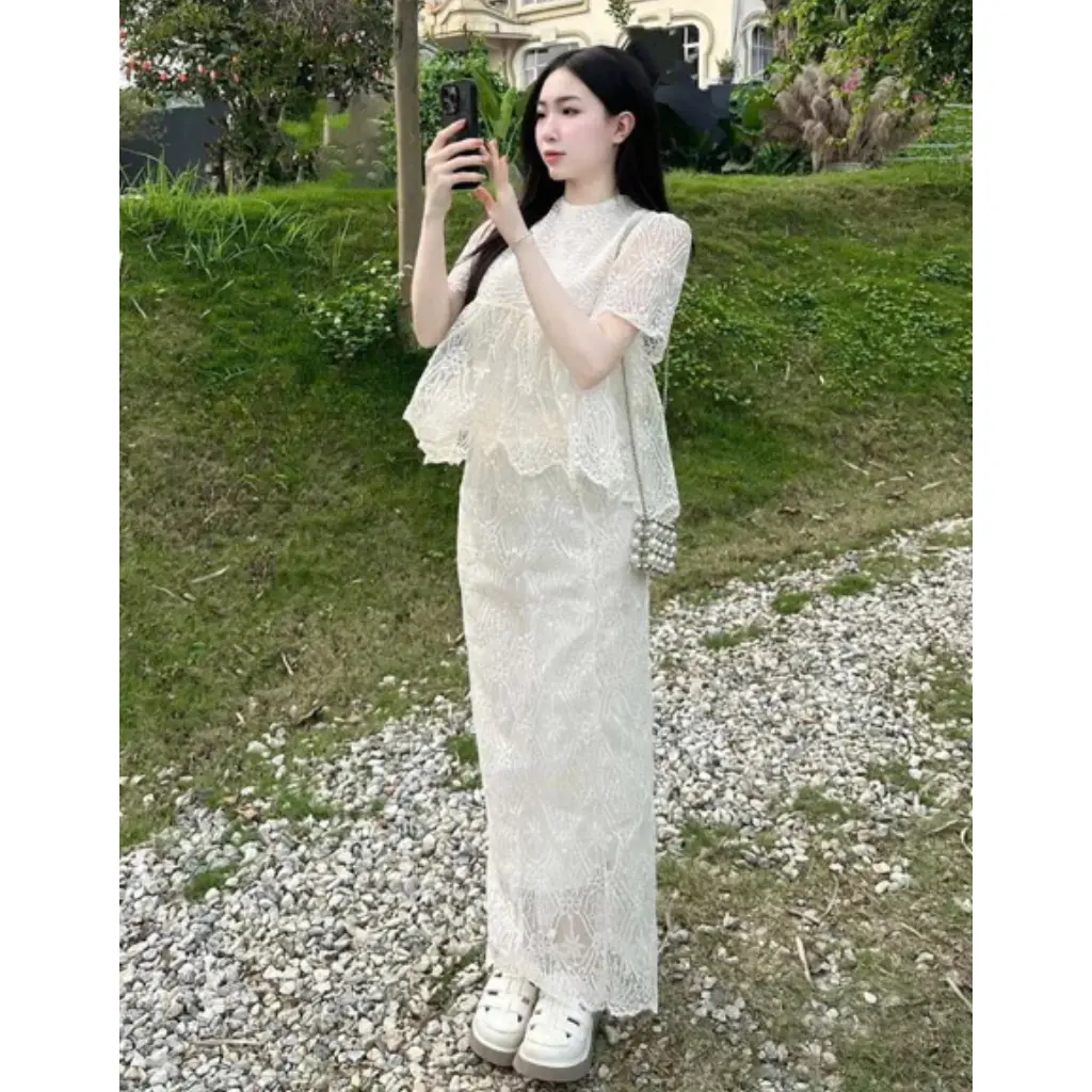 Set Đồ Tiểu Thư Dạo Phố Sang Chảnh Luna Design Áo Kiểu Babydoll Phối Ren Kèm Chân Váy Dáng Dài Hai Lơp Đi Chơi Đi Tiệc