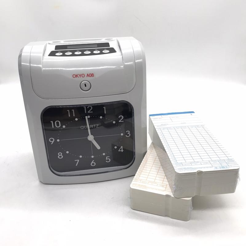 Máy chấm công Thẻ Giấy Okyo A08 N08 - Trắng xám in kim 6 cột 3 ca làm việc 8 năm bộ nhớ tặng 200 thẻ
