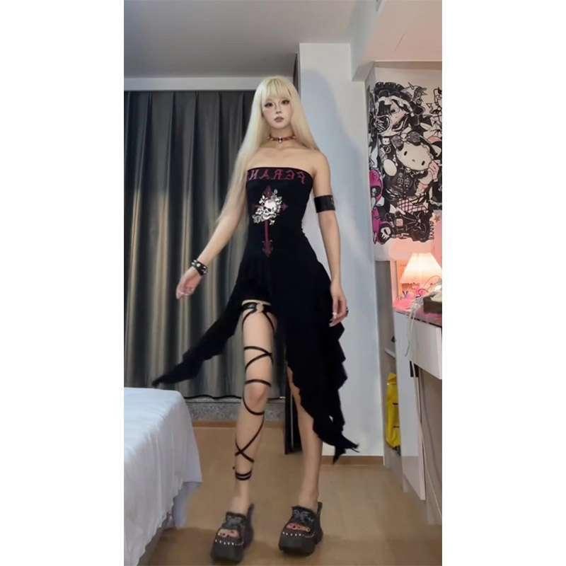Product Introduction of European and American Printed Tube Top Dress Niche Irregular Ribbon off-Shoulder Short Skirt 3