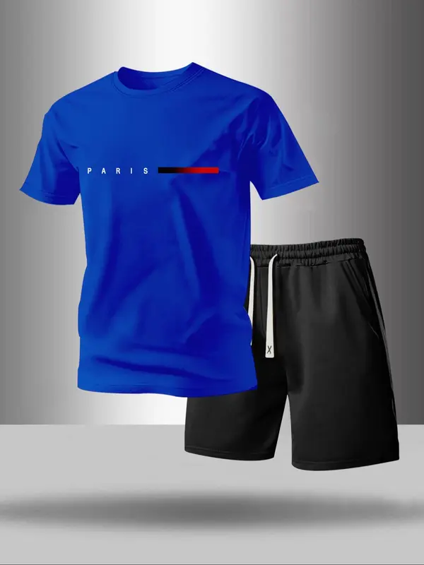 Men's Letter Print Tee & Drawstring Waist Shorts Set, Regular Fit Round Neck Short Sleeve T-shirt & Track Shorts, Casual Summer Clothes for Outdoor 6