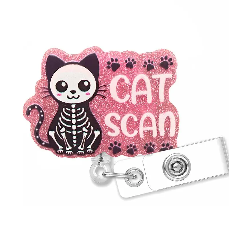 Cute Cat Scan Slogan Pattern Badge Holder, 1 Count Retractable Badge Reel, Identification Badges & Supplies for Nurse Doctor Student Office Staff 0