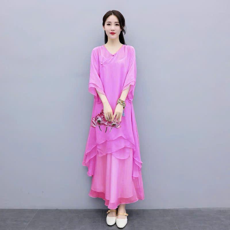 VÁY tầng dáng dài qua bắp chân chất liệu đũi tơ mềm mại