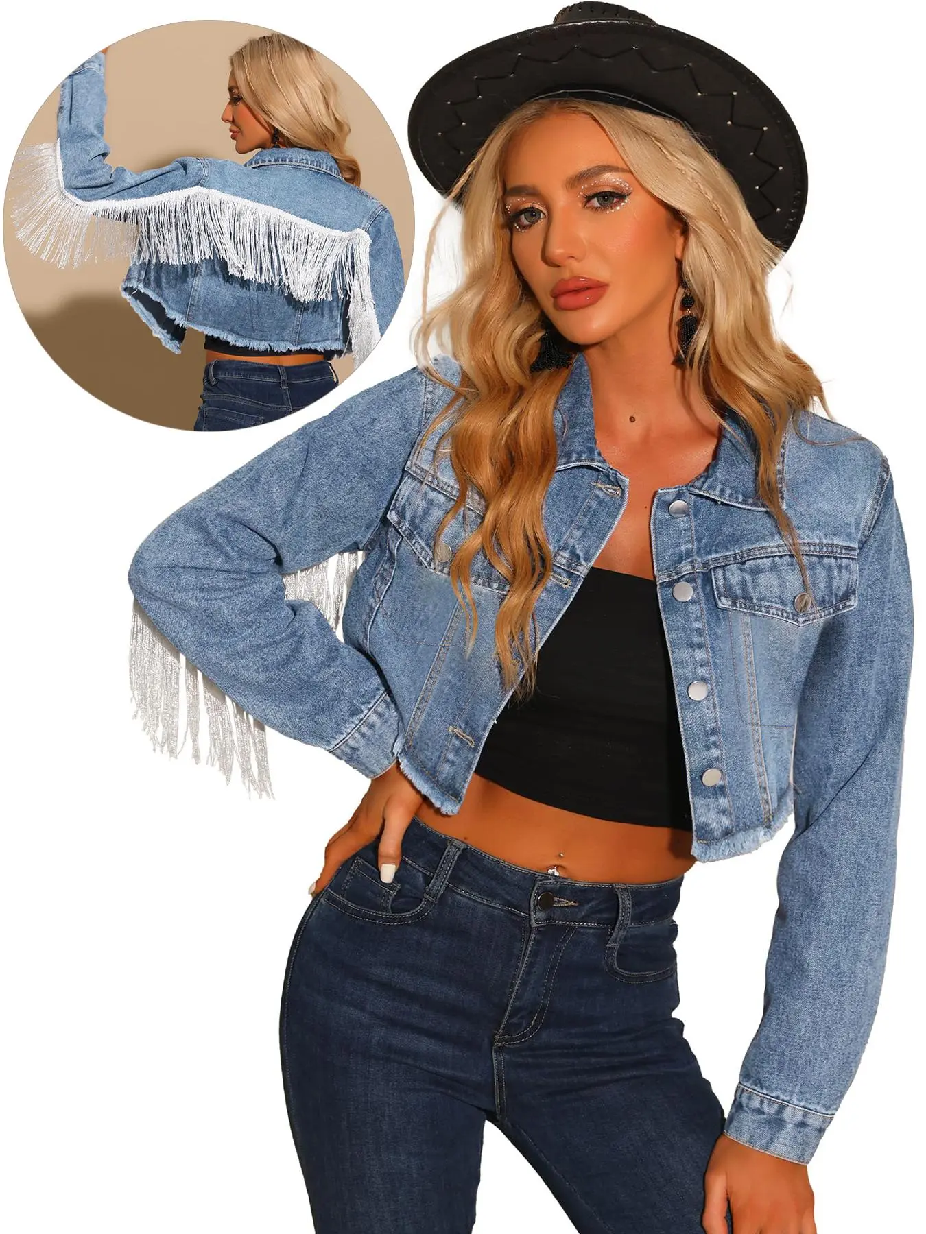 Women's Fringe Trim Denim Jacket, Casual Long Sleeve Button Front Coat for Spring & Fall, Ladies Clothes for Daily Wear, Tops
