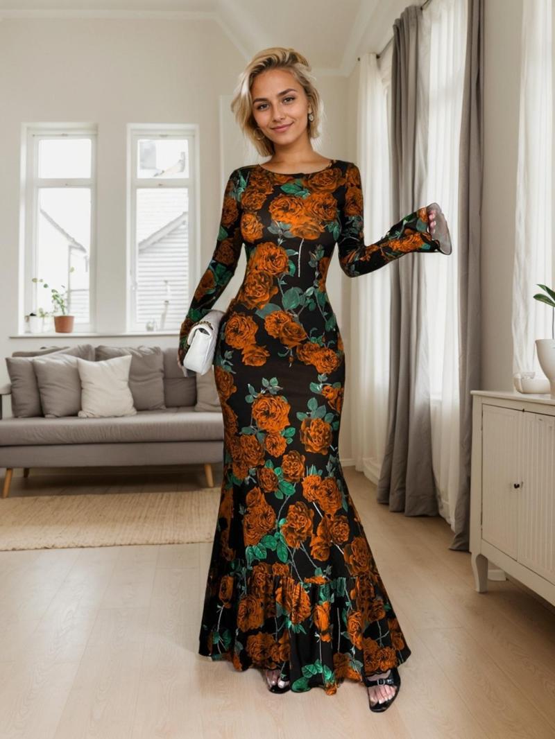 Product Introduction of Women's Floral Print Dress, Elegant Beautiful Long Sleeve Dress for Party Holiday Wedding Guest, Beautiful Gown, Ladies Spring & Fall Clothes 6